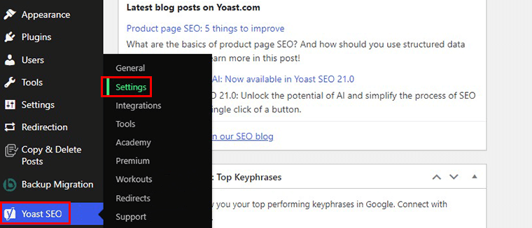 Accédez à l’option de paramètres Yoast SEO