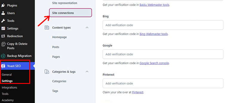 ไปที่การตั้งค่า Yoast SEO และการเชื่อมต่อไซต์