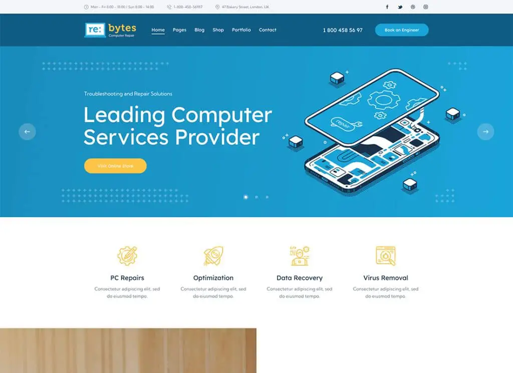 Re:bytes – Thème WordPress pour service de réparation d'électronique et d'ordinateurs
