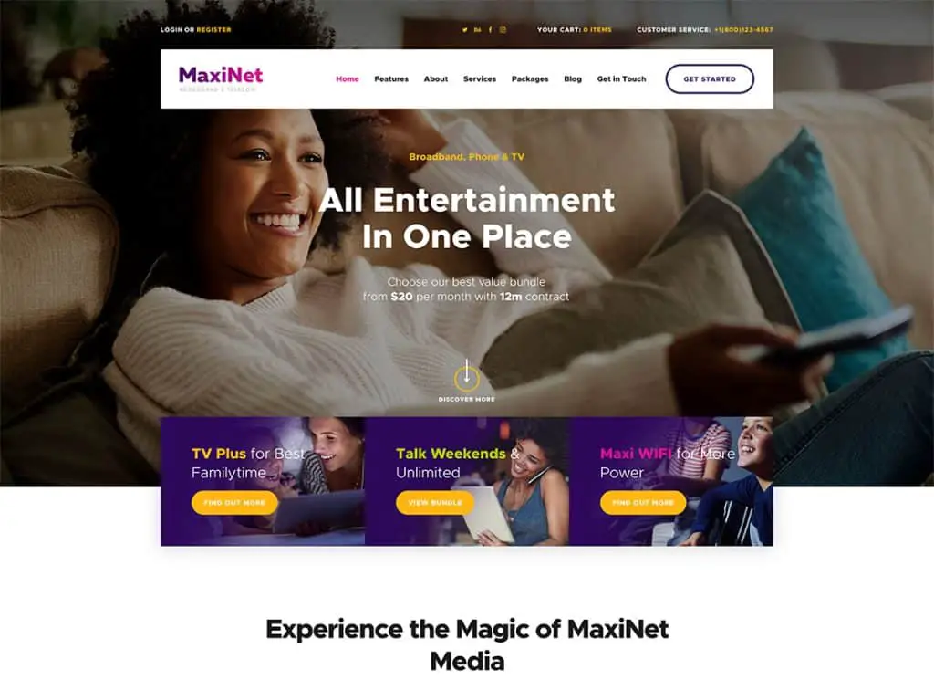 MaxiNet - Tema de WordPress para proveedores de Internet de banda ancha y telecomunicaciones