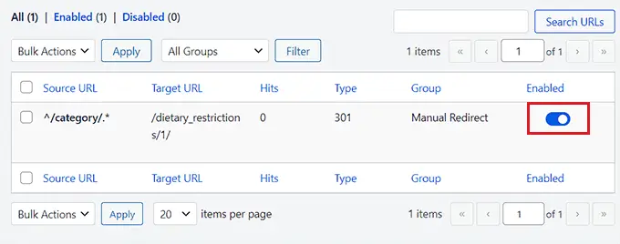 Disable the redirect by toggling the switch