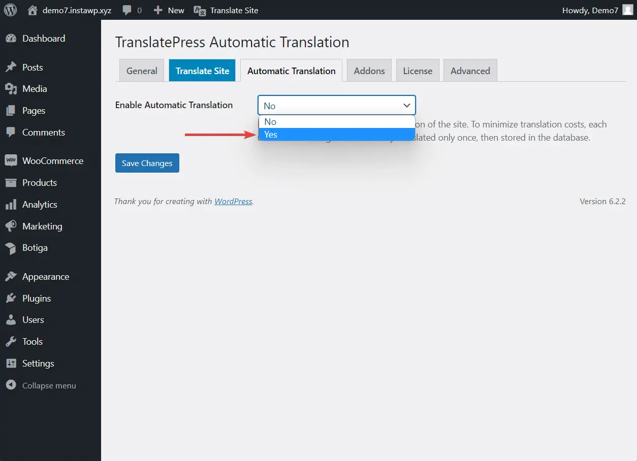 Impostazioni di traduzione automatica di TranslatePress