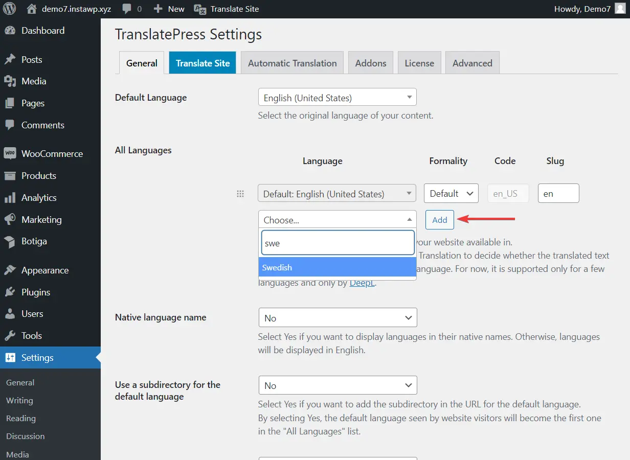 การตั้งค่าภาษาของ TranslatePress