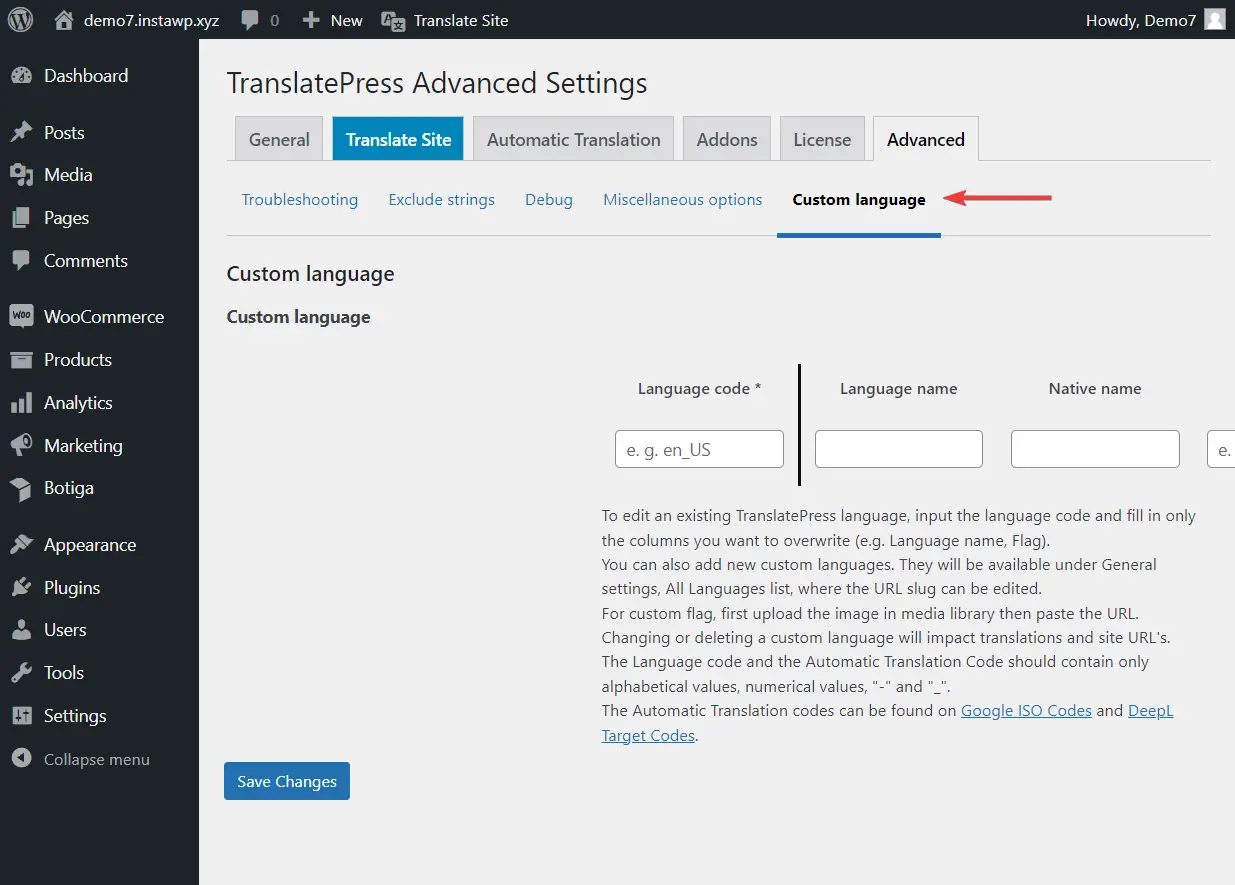 カスタム言語の高度な TranslatePress 設定