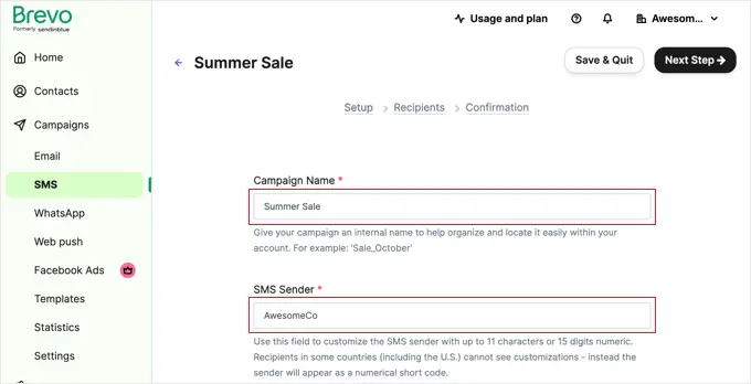 Entering a name and a sender for your SMS campaign
