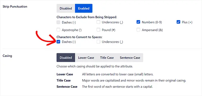 Configure strip punctuation and casing options