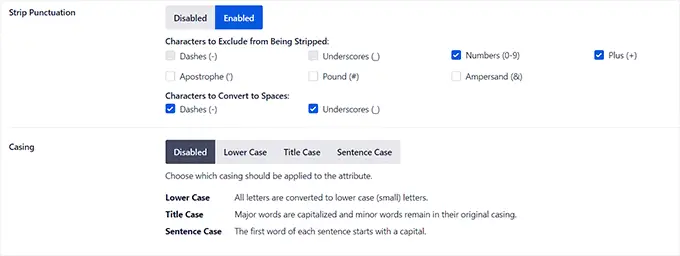 Strip punctuation and casing settings