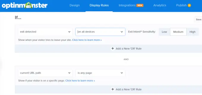 Set exit intent sensitivity and page location