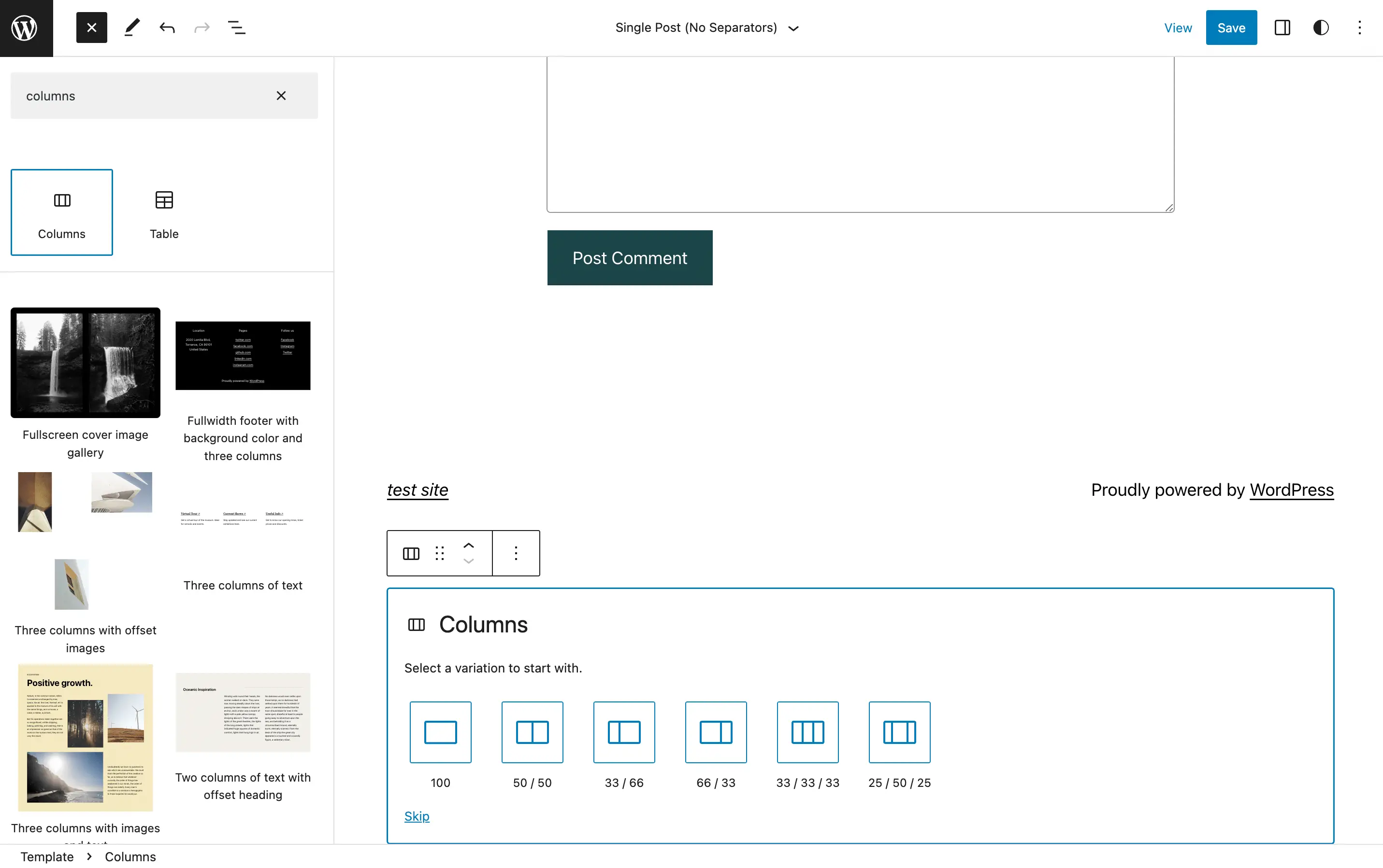 Columns ブロックをテンプレートに追加します。