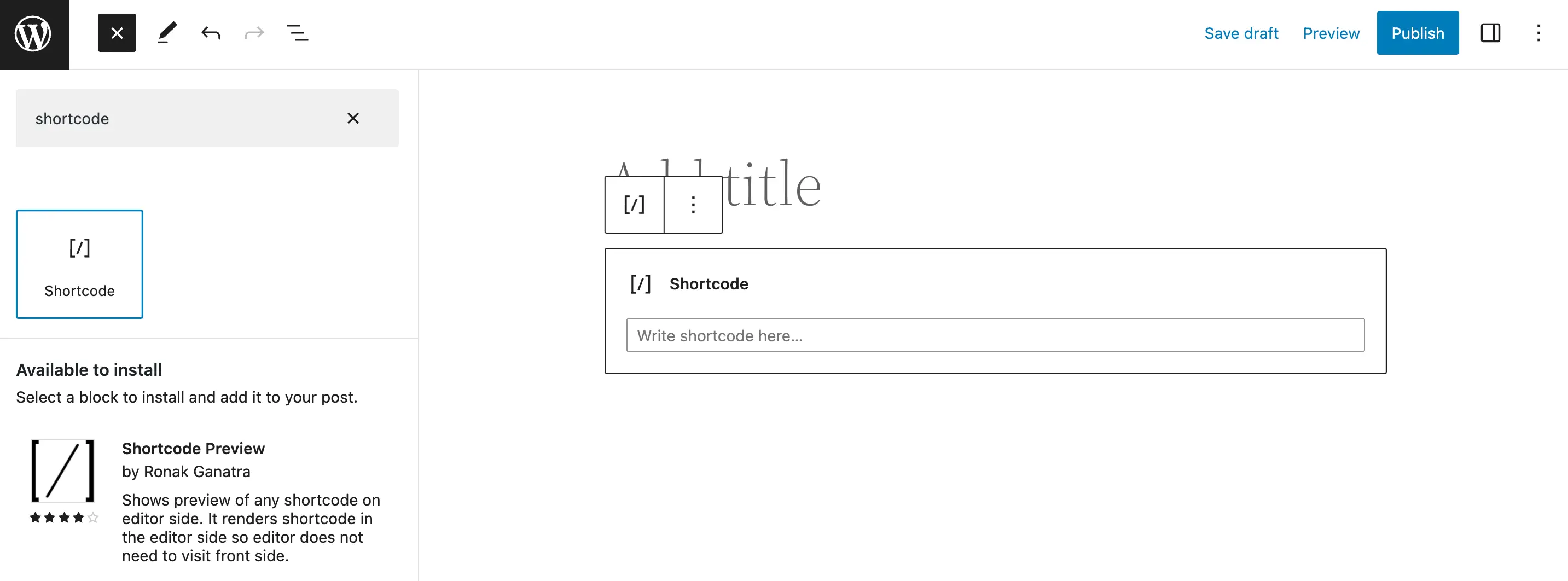 Le bloc de shortcode WordPress.