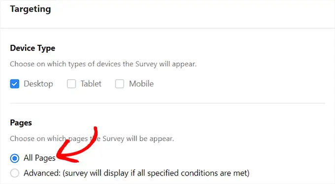 Choose the All Pages option to display the quick feedback survey everywhere