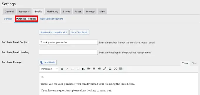 Customizing the purchase receipts email