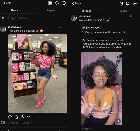 Jacque Aye 的 Threads feed 的屏幕截图，她在其中分享了她出版的书籍的最新动态。