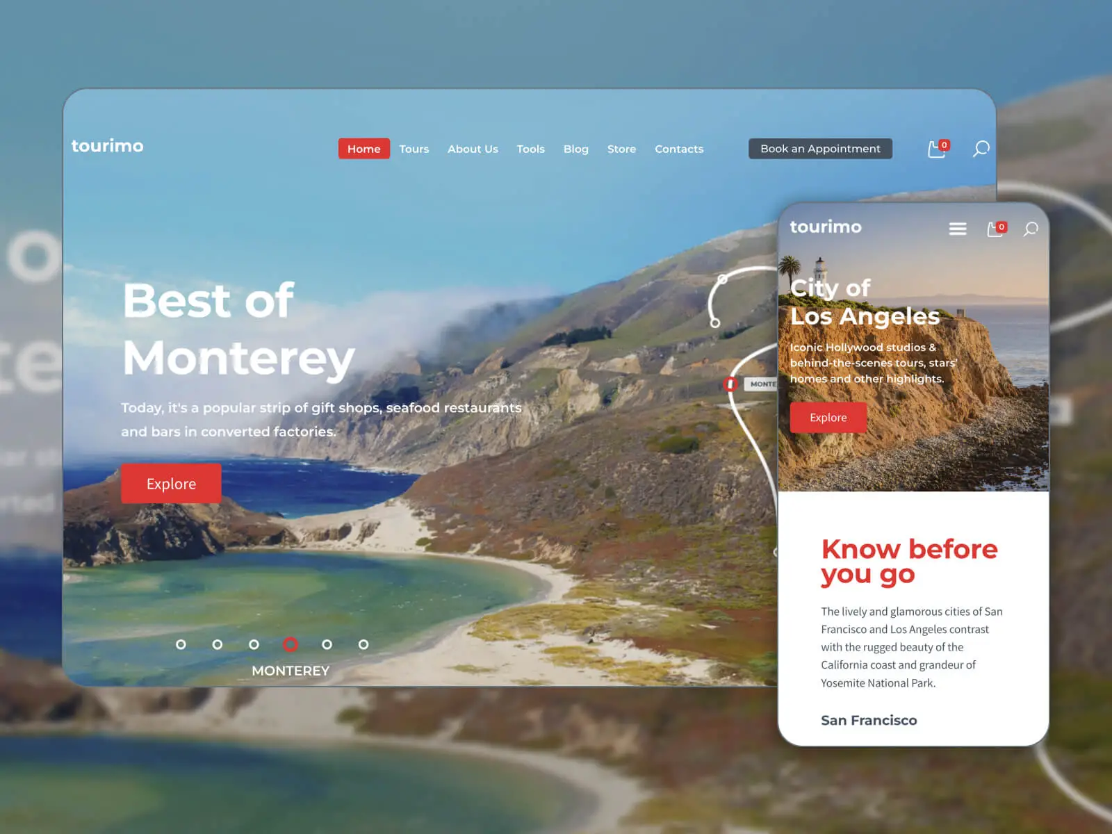 Colagem de Tourimo - modelo de site de reservas leve e eficiente para WordPress em combinação de cores cinza, cinza escuro, verde escuro, azul cadete e neve