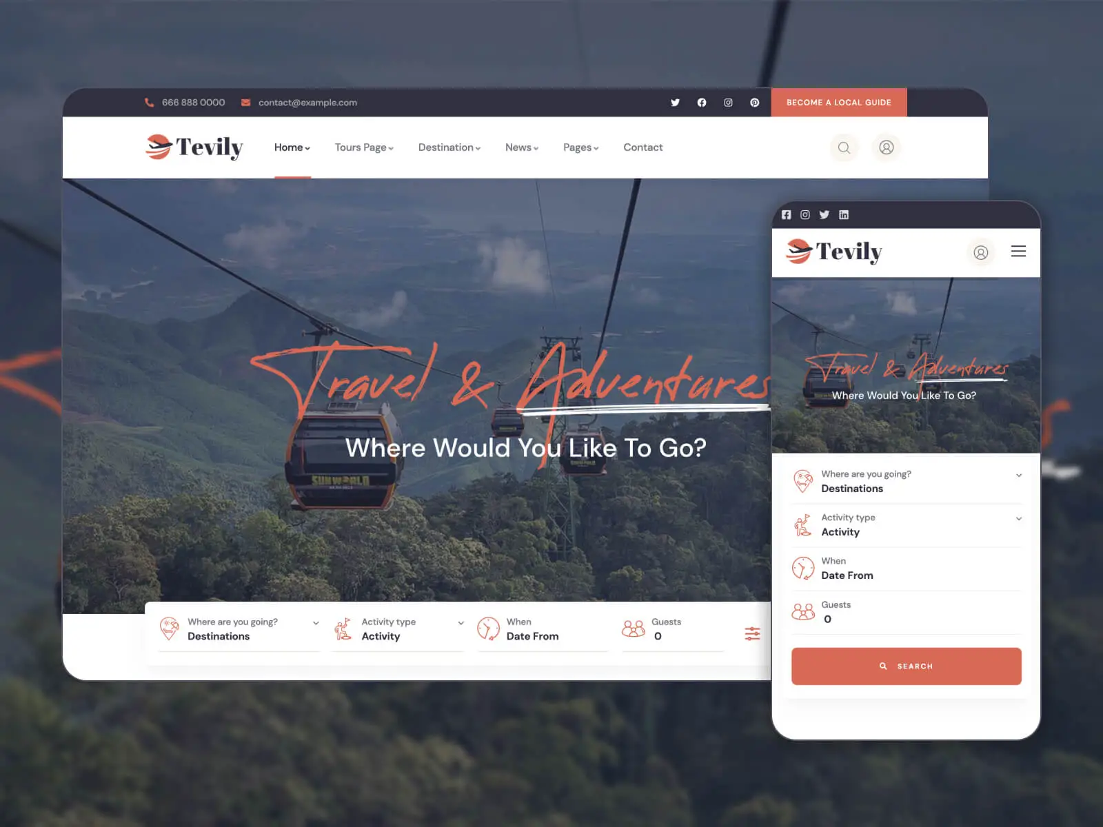 Tevily 拼貼畫 - 適用於 WordPress 的乾淨而現代的預訂網站模板，採用暗灰、印度紅、雪和暗石灰配色方案