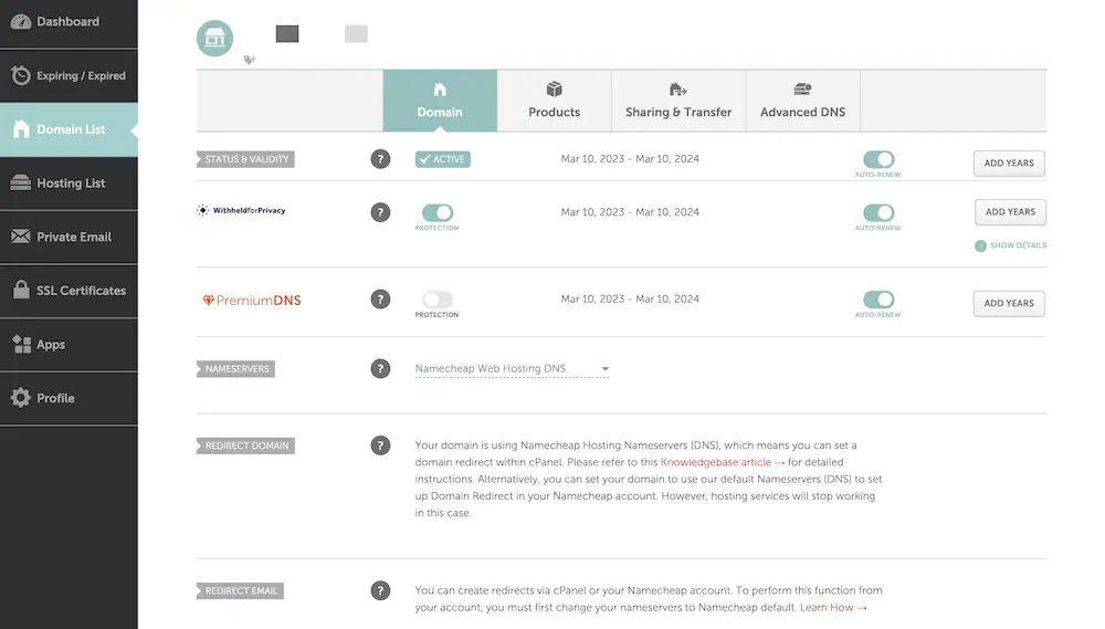 Seção Lista de Domínios do Namecheap.