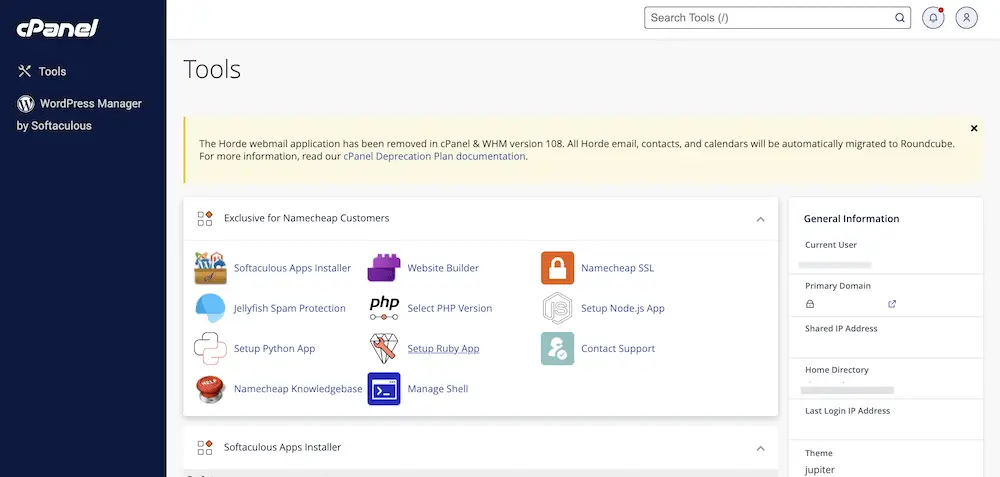 Panel de control cPanel de Namecheap.