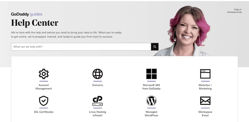 GoDaddy 幫助中心螢幕。