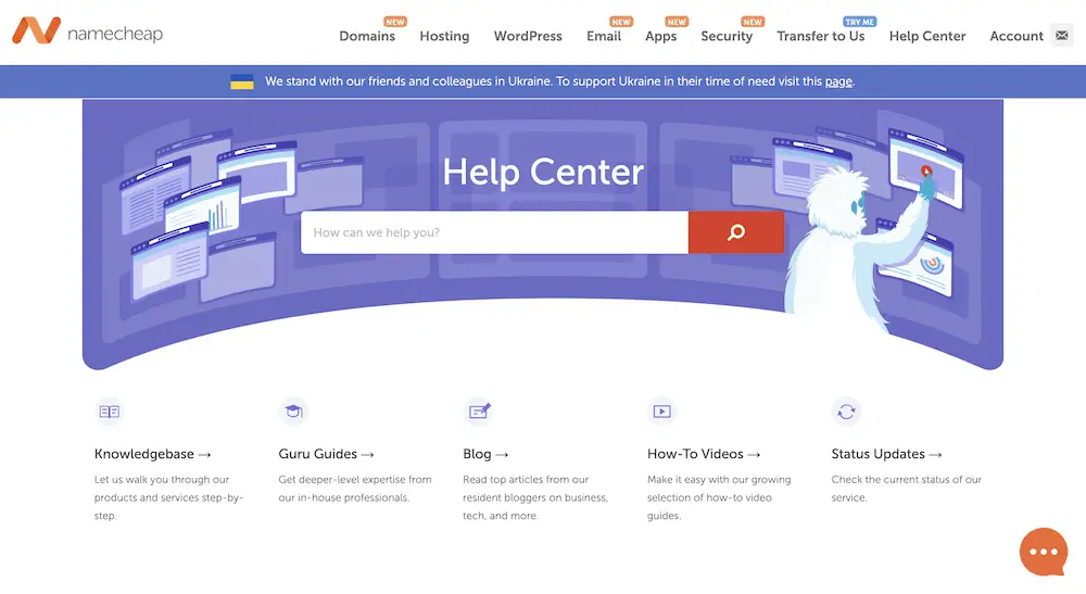 Namecheap 帮助中心屏幕。