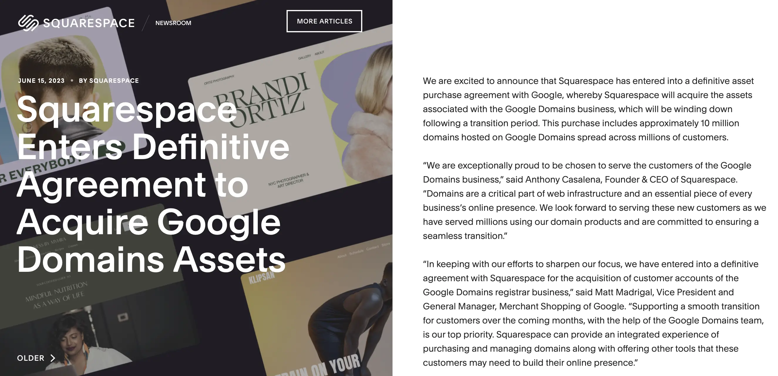 Annuncio di Squarespace sull'acquisizione di Google Domains.