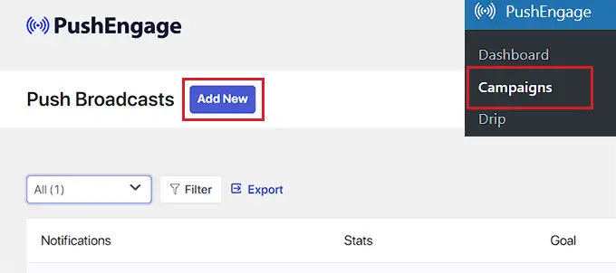 Create a new push engage campaign by clicking the Add New button