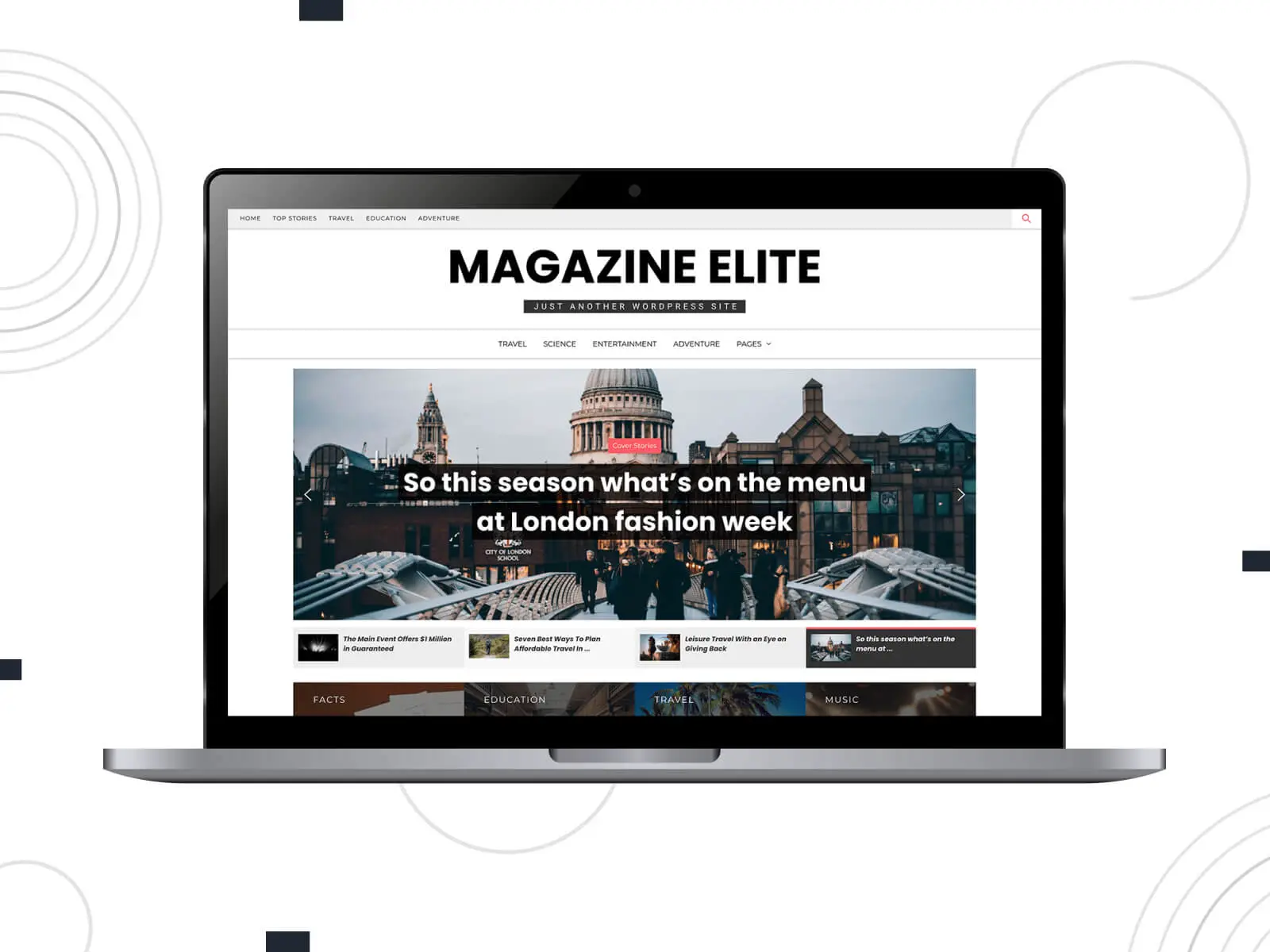 Instantaneu al Magazine Elite - temă elegantă WordPress, adaptată pentru reviste de știri și bloguri, cu conținut dinamic în combinație de culori roșii, maro roz, cafeniu, negru și gri închis.