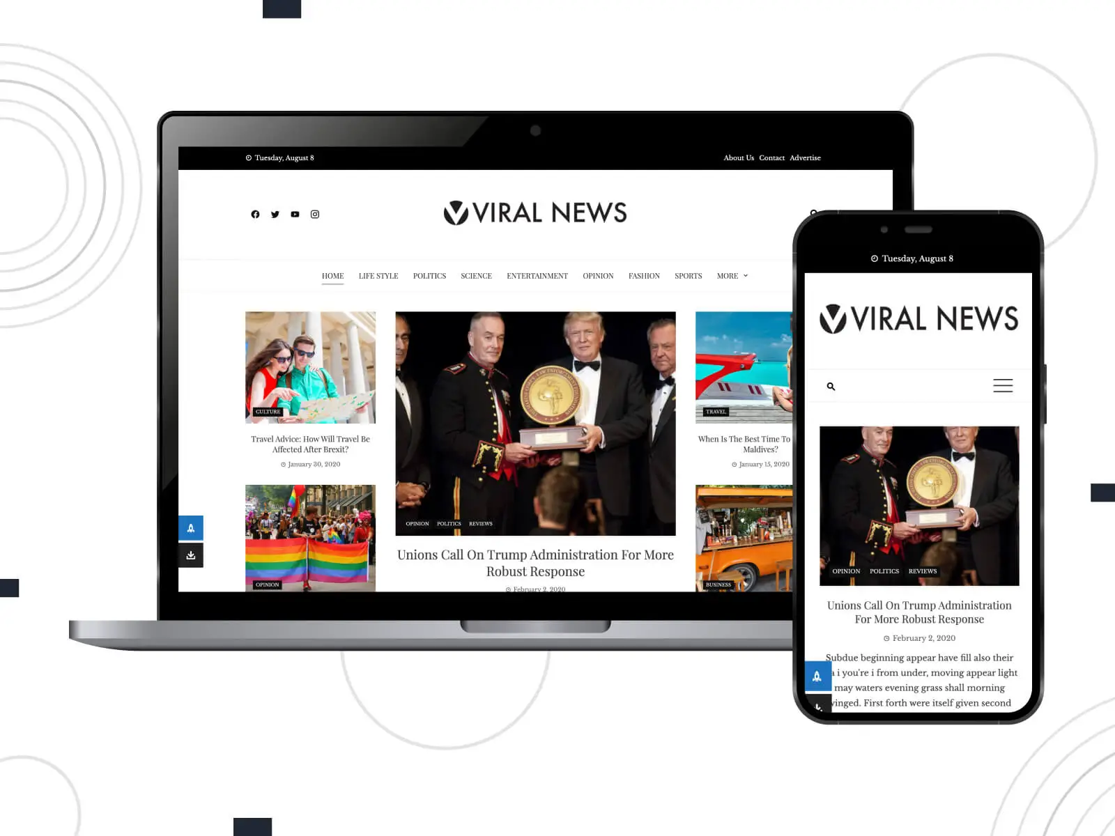 Gambar Viral News - tema WordPress dinamis yang dibuat untuk portal berita online dan blog kaya fitur dalam warna sienna, tan, darkturquoise, steelblue, dan coklat