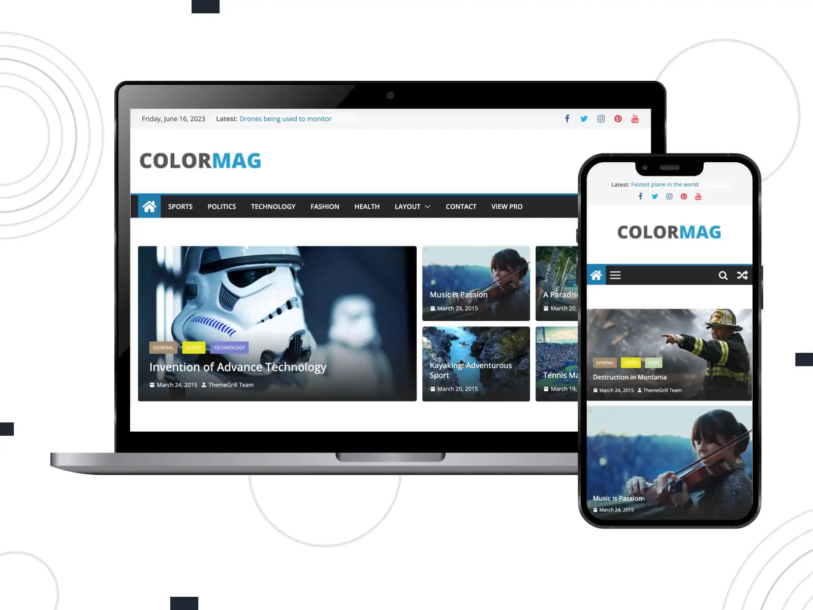 Colormag çizimi - haber ve blog içeriği için optimize edilmiş, koyu mavi, gök mavisi, altın, çelik mavisi ve koyu barut grisi tonlarında bir dergi formatı içeren modern tema