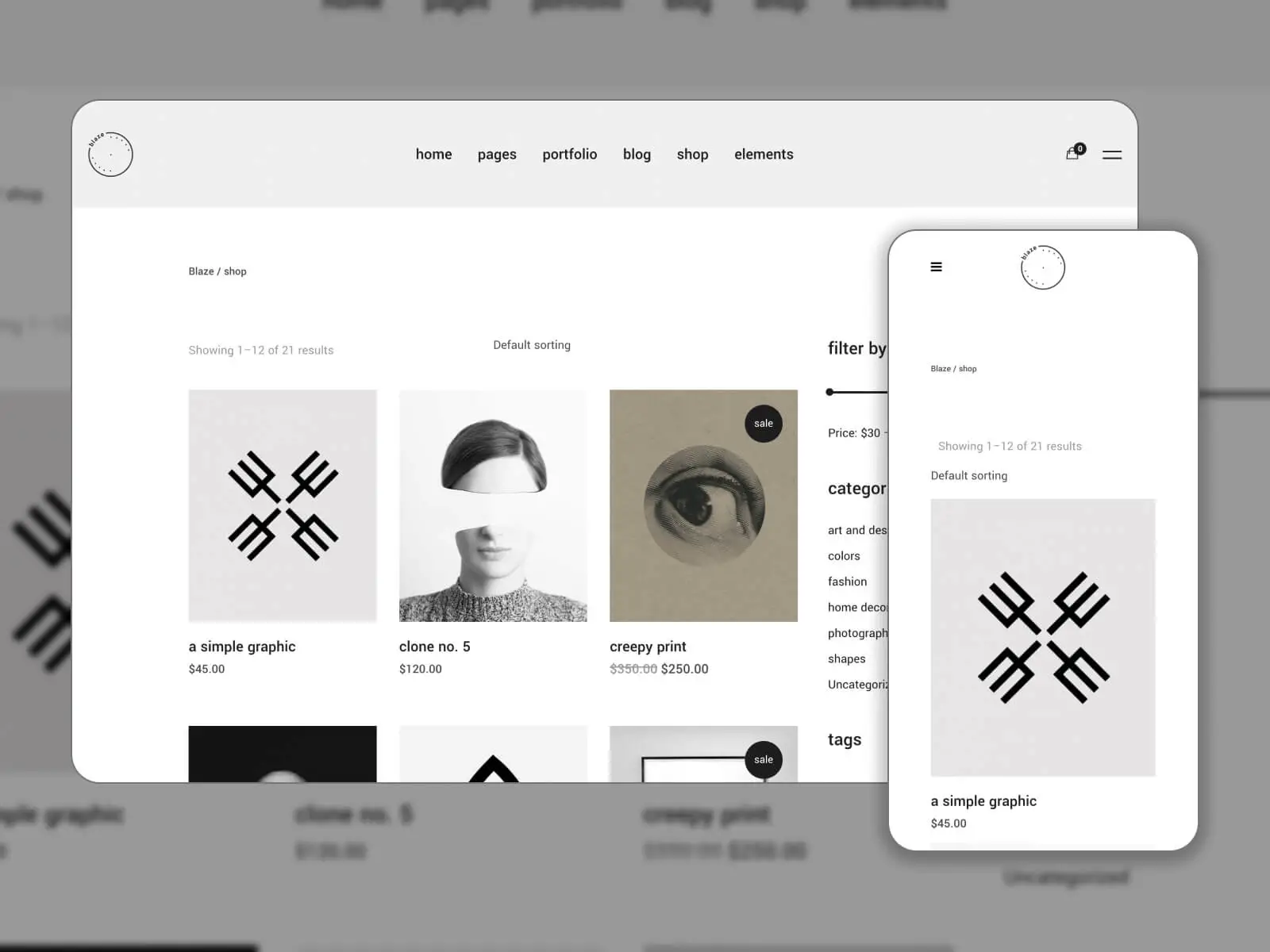 Instantané de Blaze - thème WooCommerce centré sur l'art avec des mises en page polyvalentes dans une palette de couleurs noir, blanc, lightlategray, dimgray et lavande