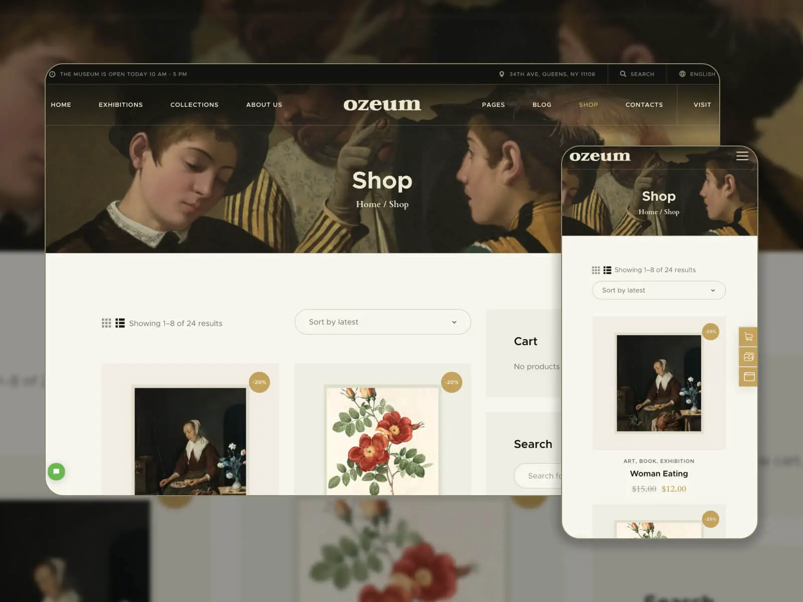 Immagine di Ozeum: tema completamente adattabile per gallerie d'arte con funzionalità eCommerce in gradazioni di colore nero, grigio ardesia scuro, grigio, verde oliva scuro e lino