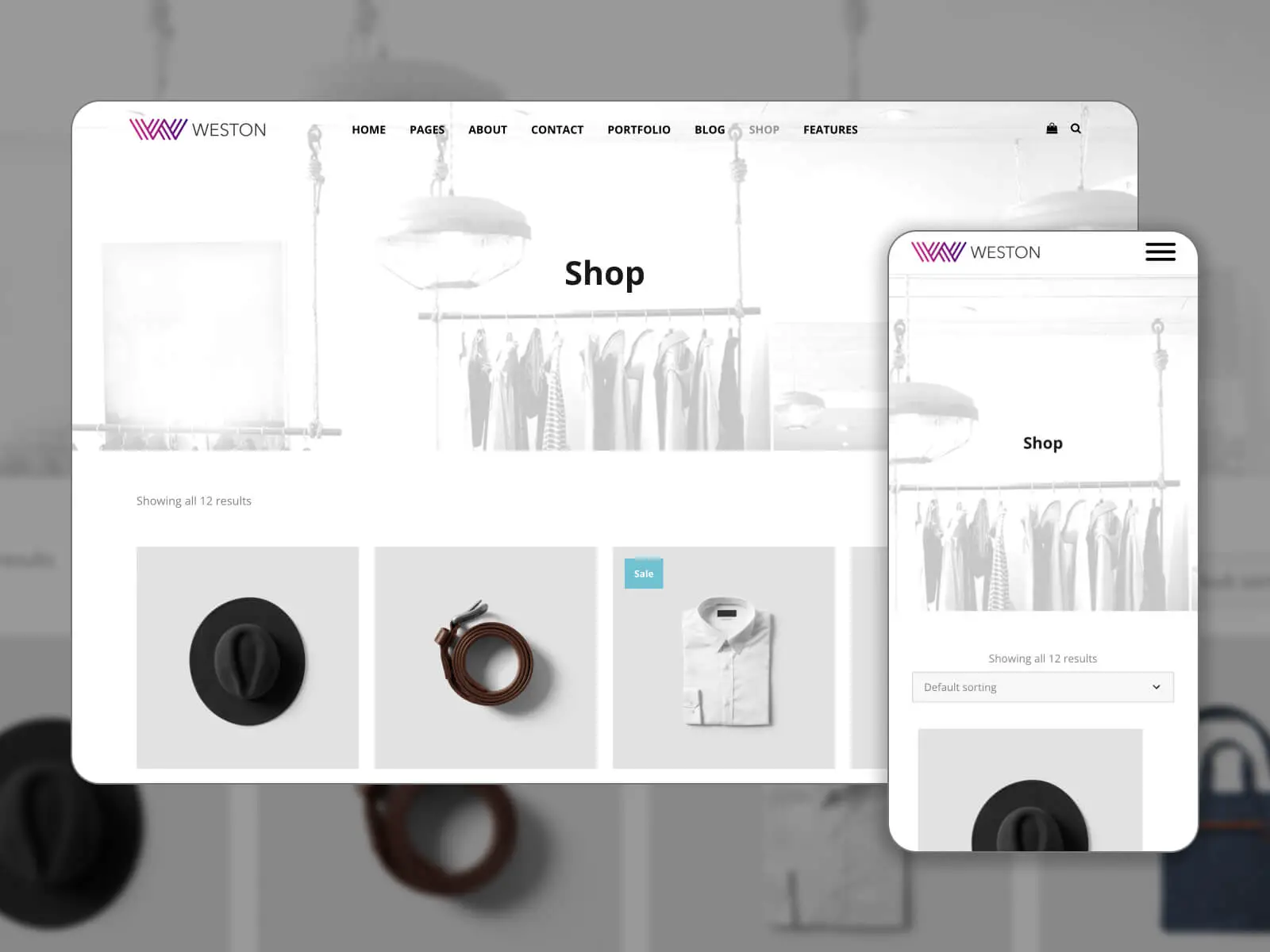 Cuplikan Weston - Tema WordPress berkemampuan WooCommerce untuk penggemar seni modern dalam campuran warna darkslategray, gainboro, putih, abu-abu, dan abu-abu tua