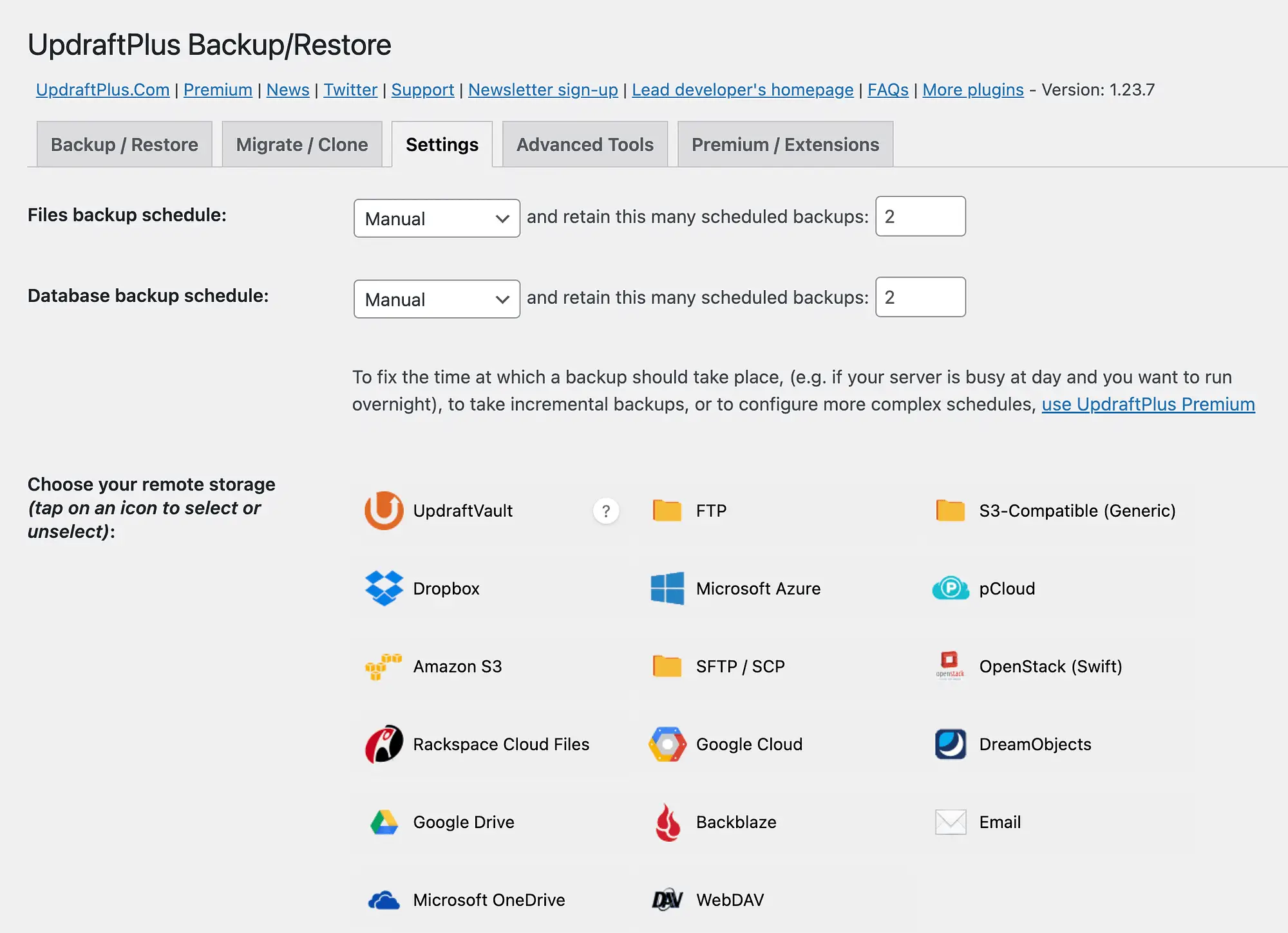 Configurações de backup do UpdraftPlus.