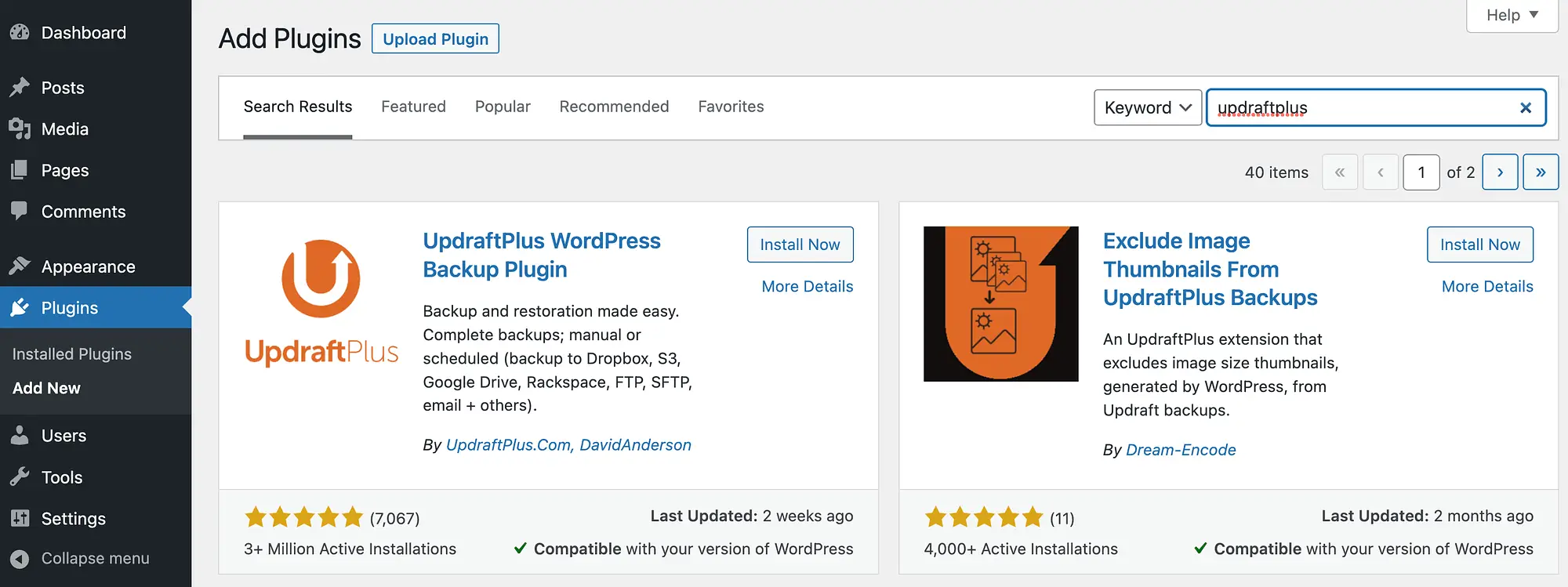 Cara backup situs WordPress gratis: Tambahkan plugin UpdraftPlus.