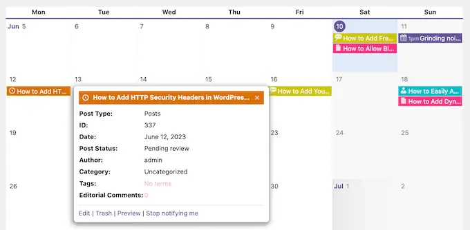 How to see more information about a page or post in a content calendar