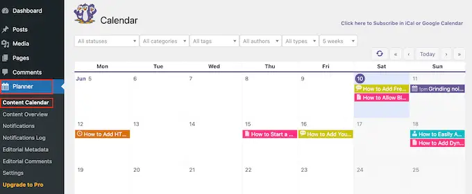 An example of a WordPress content calendar