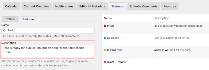 Adding descriptions in PublishPress