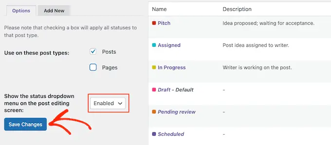 Adding the post status settings to the WordPress content editor