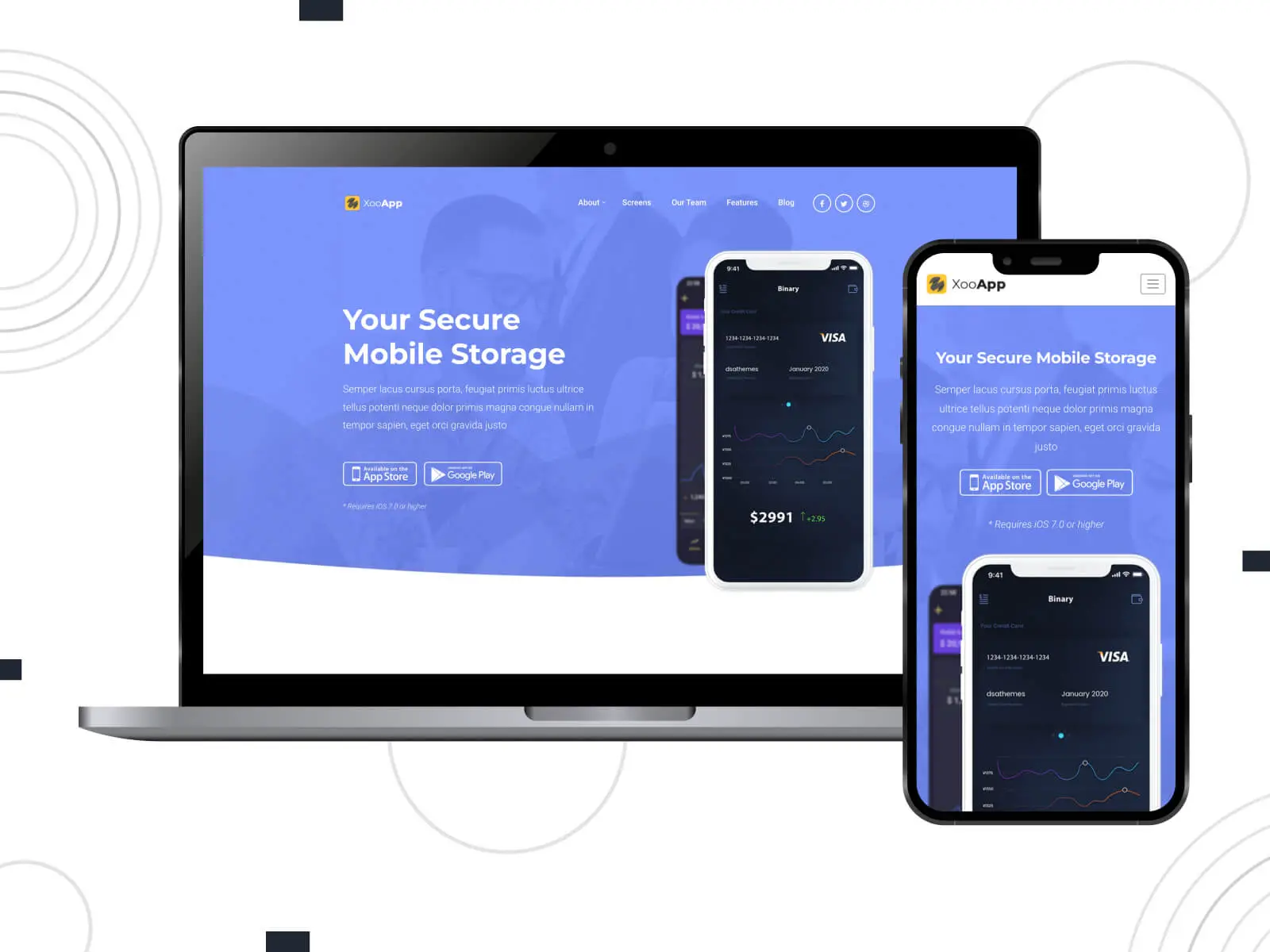 Picture of XooApp - mobile-responsive landing page template using Elementor in cornflowerblue, darkslateblue, and goldenrod color palette