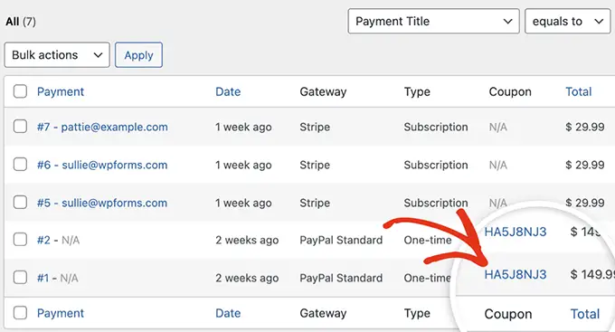 Coupon usage payments entries