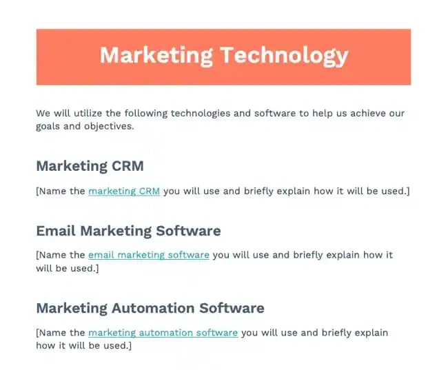 schița planului de marketing: tehnologie de marketing