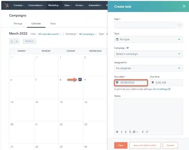 HubSpot pazarlama planı takvim aracı