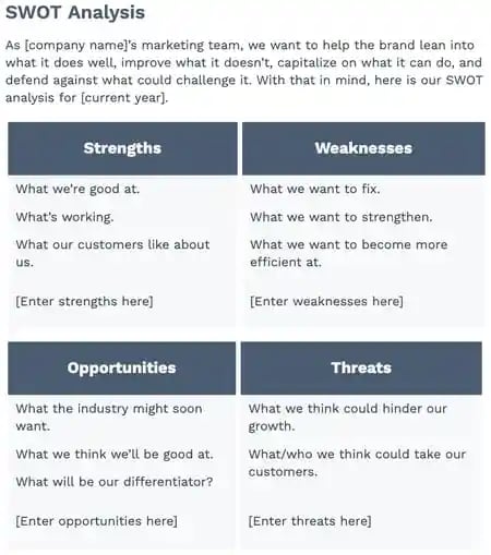 เทมเพลตการวิเคราะห์ SWOT ของแผนการตลาด