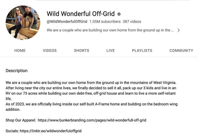 ตัวอย่างคำอธิบายช่อง YouTube: wild wonderful off-grid