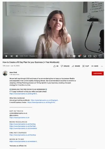 Ejemplo de descripción de vídeo de YouTube: Anna Clark.