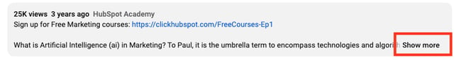 折疊的 YouTube 影片說明，突出顯示“顯示更多”框