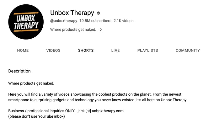 Beispiel für eine YouTube-Kanalbeschreibung: Unbox-Therapie