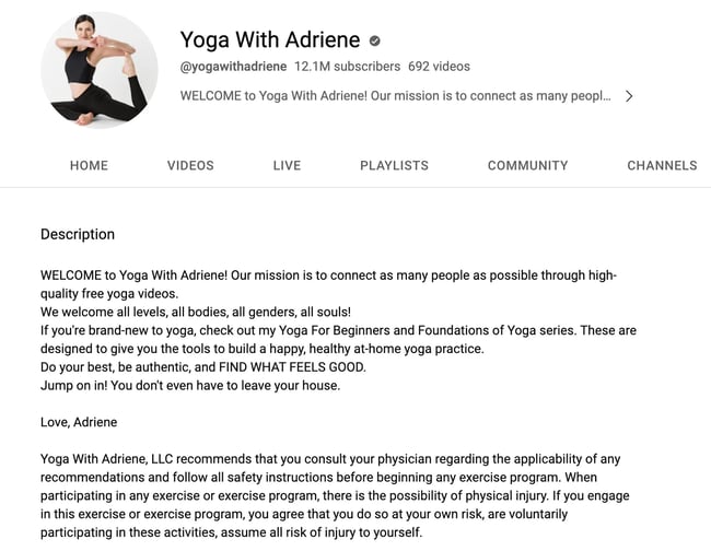 YouTube 頻道描述範例：yoga adriene