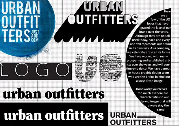 Panduan gaya merek untuk Urban Outfitters dengan variasi logo hitam putih