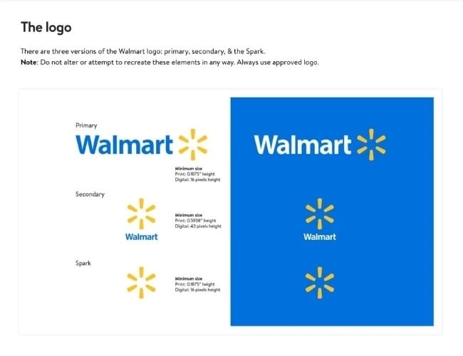 ตัวอย่างการใช้โลโก้ในคู่มือแบรนด์ของ Walmart