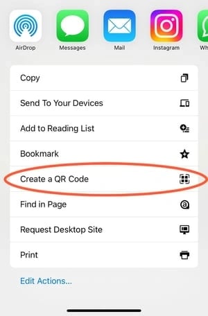 come creare un codice QR in iOS: menu crea codice QR